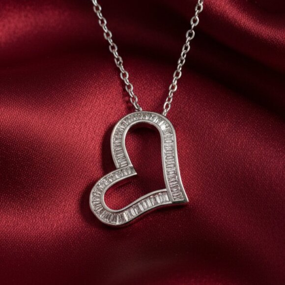 Open Heart Simulated Baguette Moissanite Silver Pendant Necklace NWOT - Picture 6 of 9